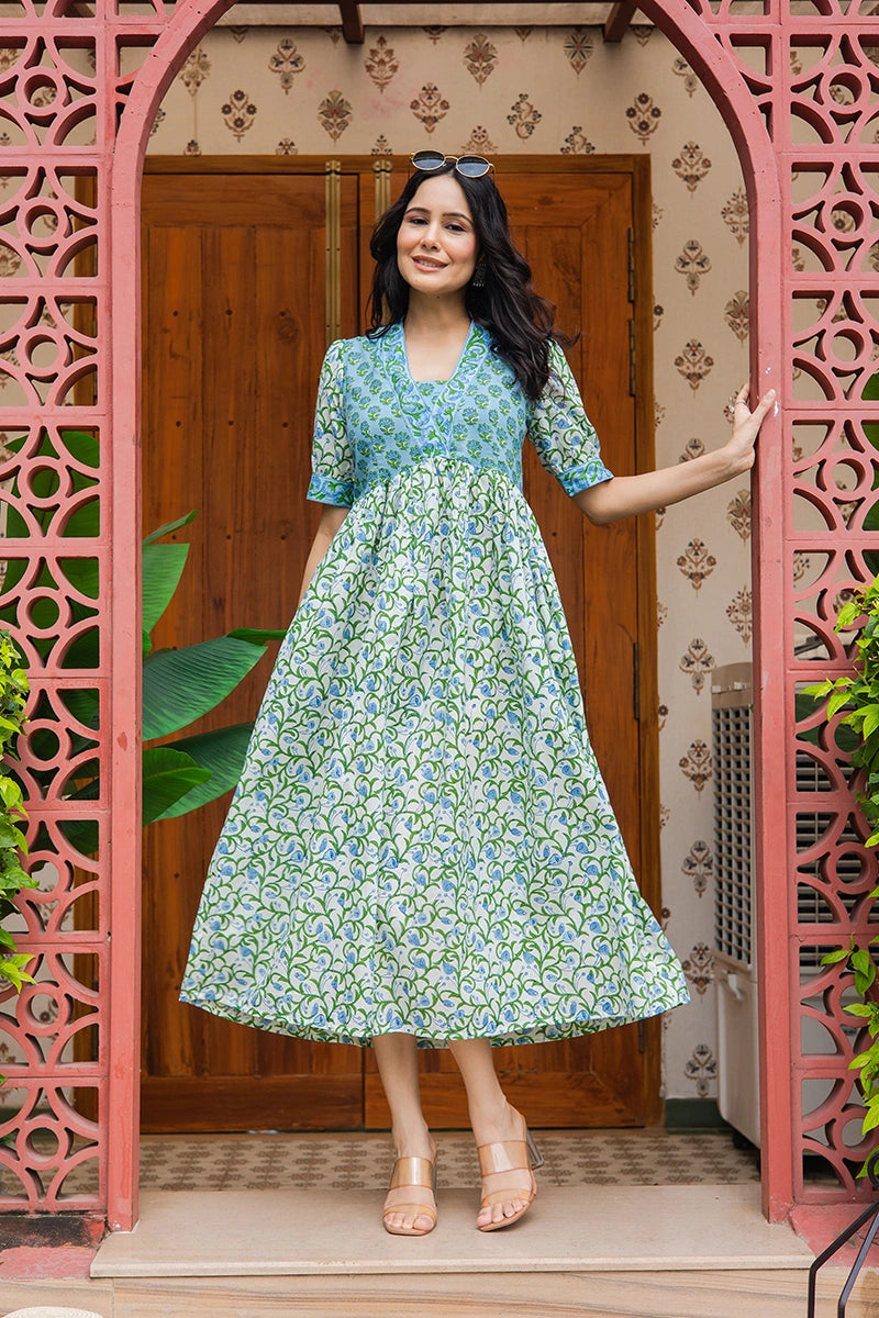 Blue Floral Printed V-Neck Gathered Detailed Cotton A-Line Midi Ethnic Dress