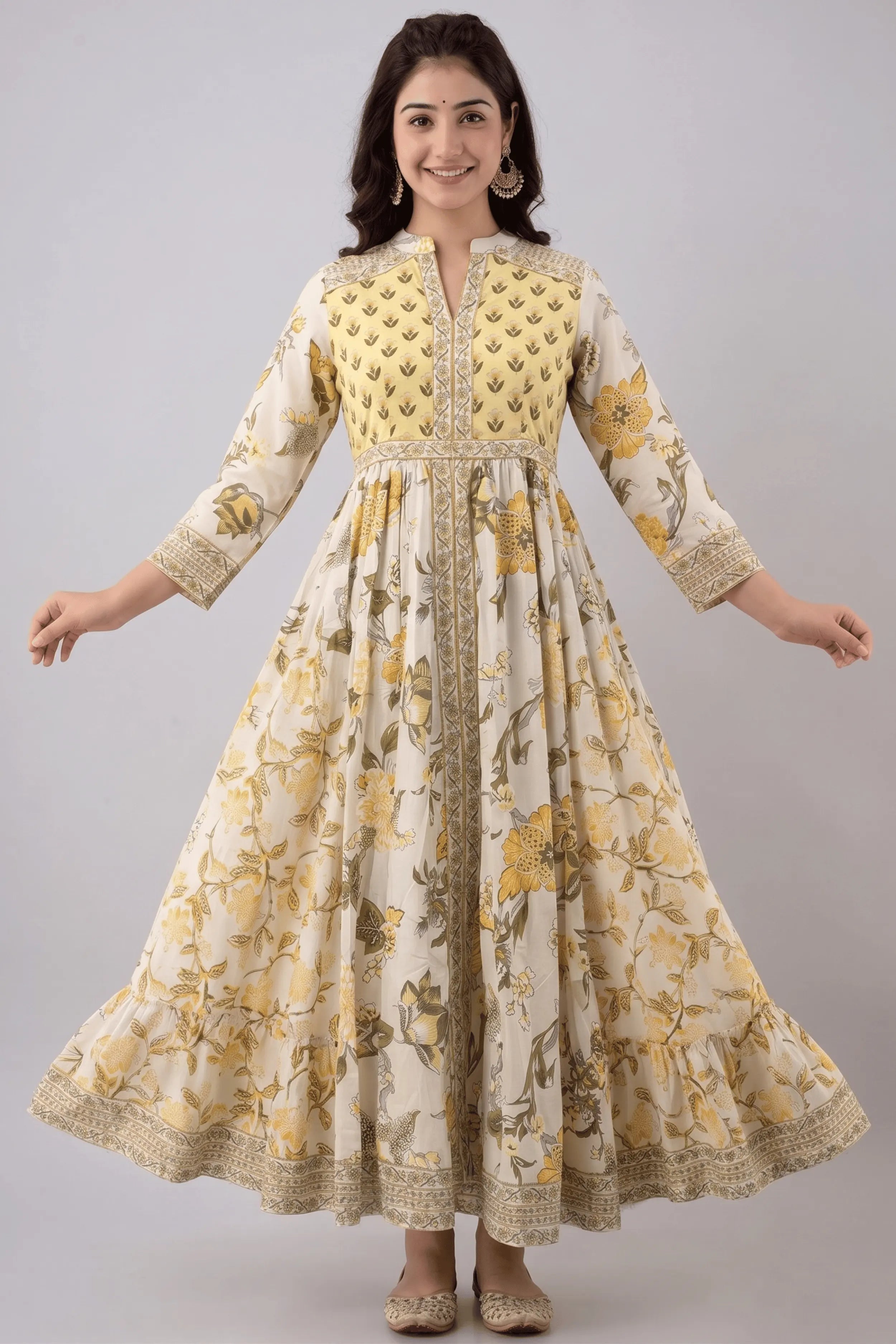 Cream Yellow Anarkali Cotton Hand Block Printed Ethnic Maxi Dress