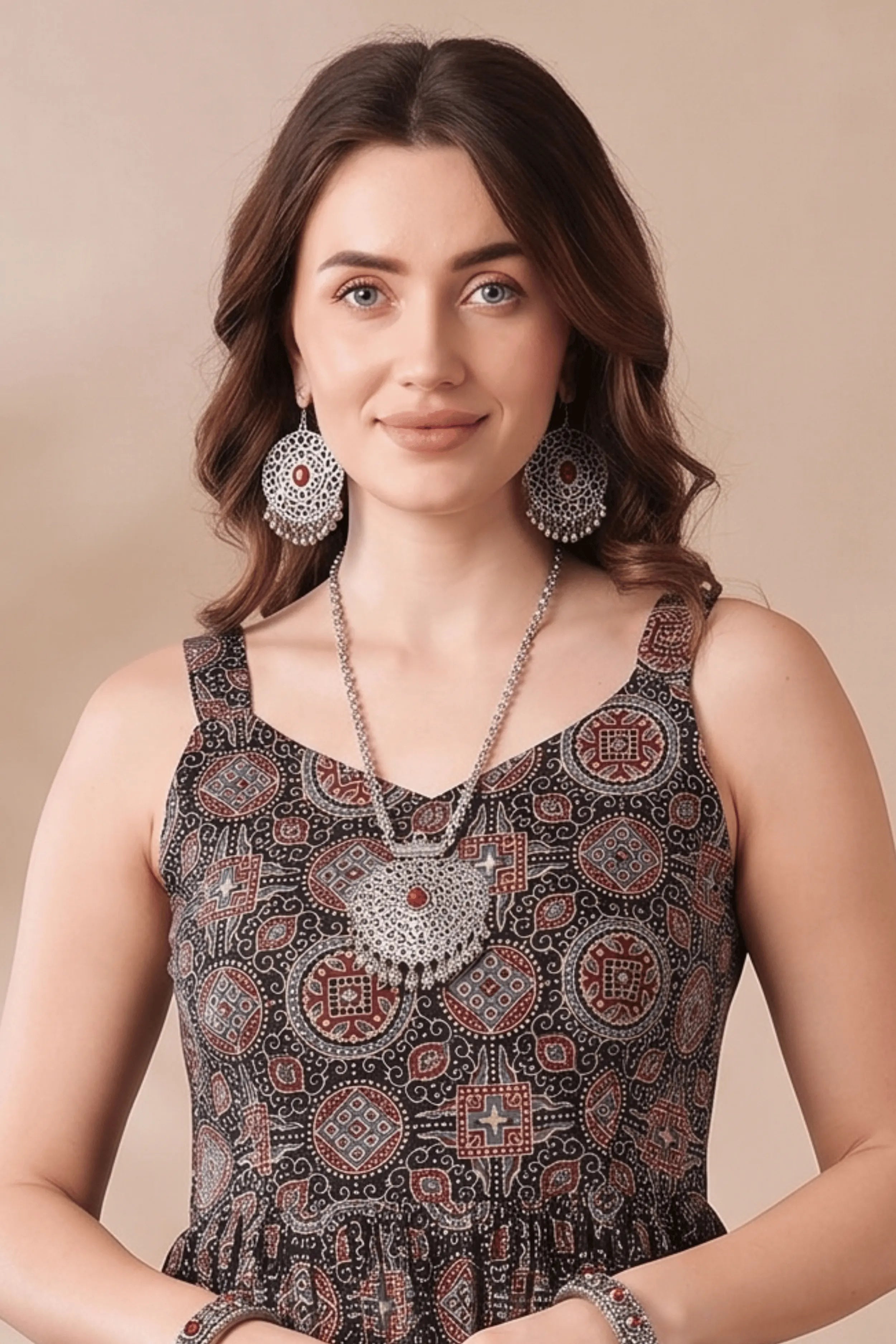 Black Printed cotton Sleeveless Flared Dress