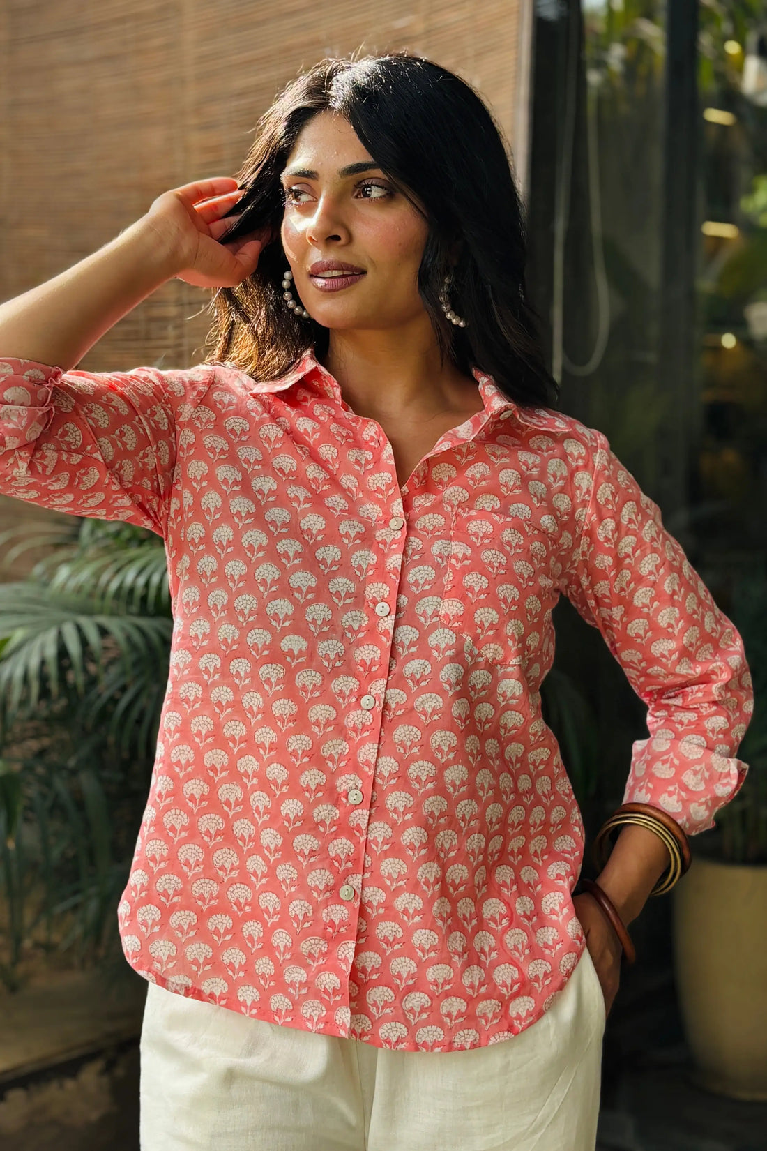 Peach Pink Hand Block Printed Collared Shirt