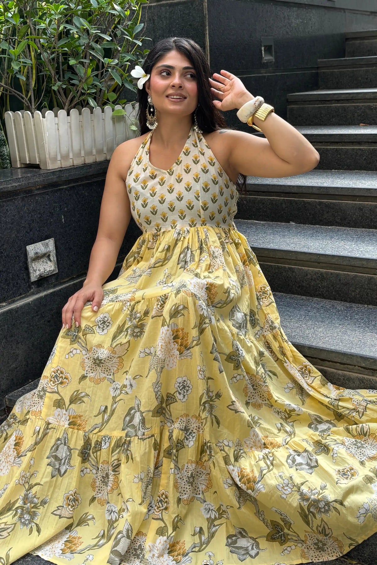 Yellow Floral Hand Printed Halter Maxi Dress