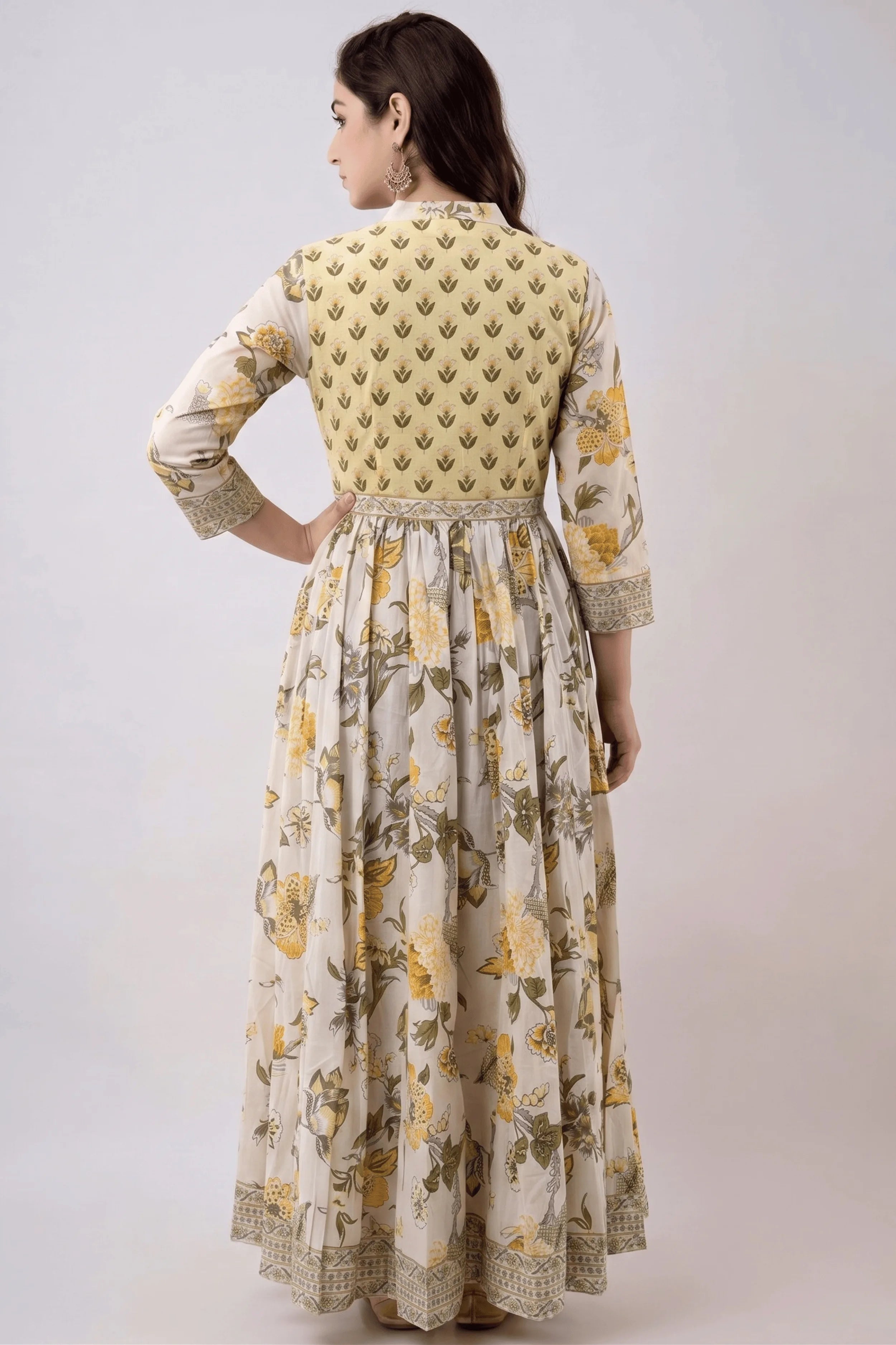 Cream Yellow Anarkali Cotton Hand Block Printed Ethnic Maxi Dress