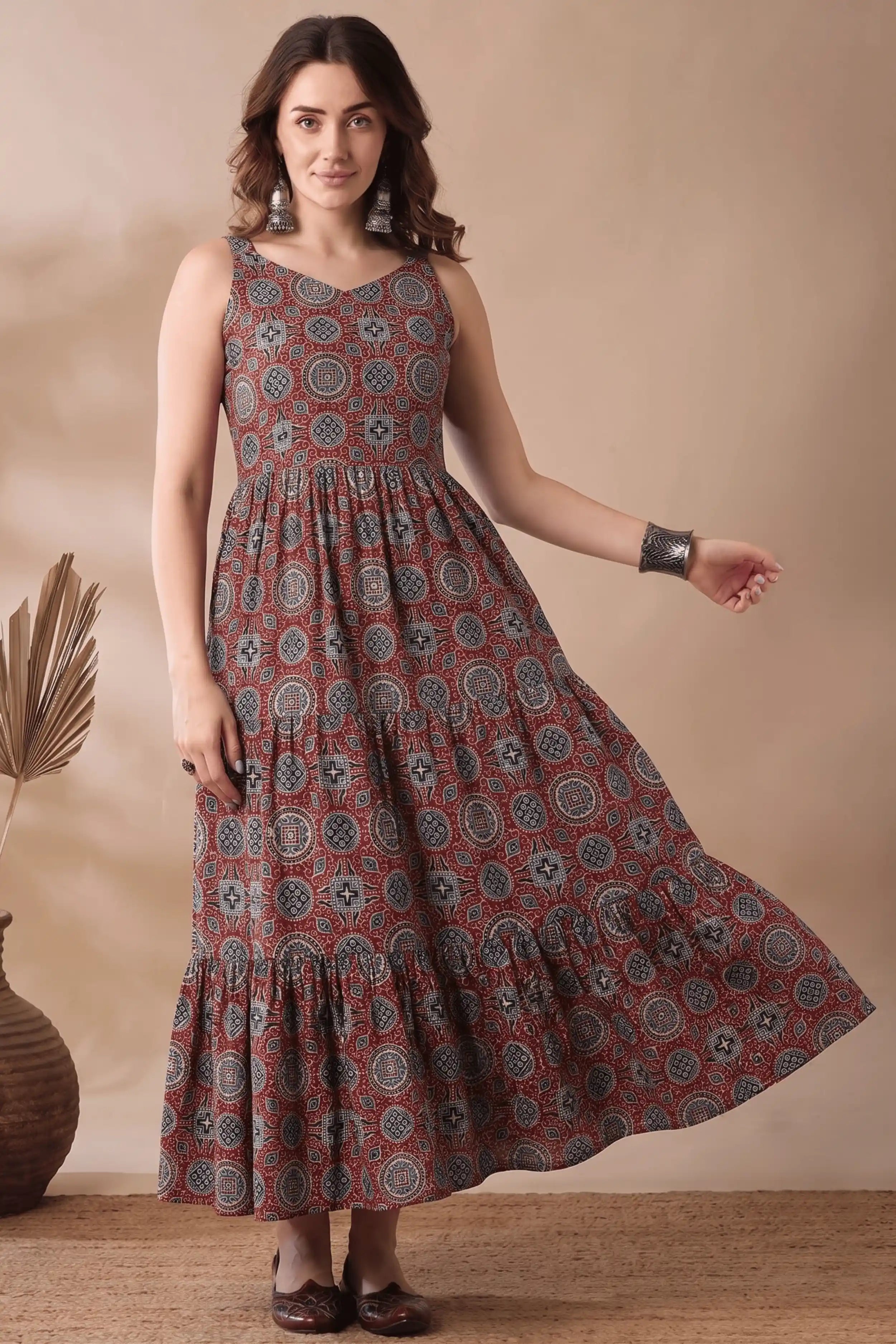 Red Printed cotton Sleeveless Flared Dress