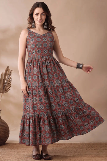 Red Printed cotton Sleeveless Flared Dress