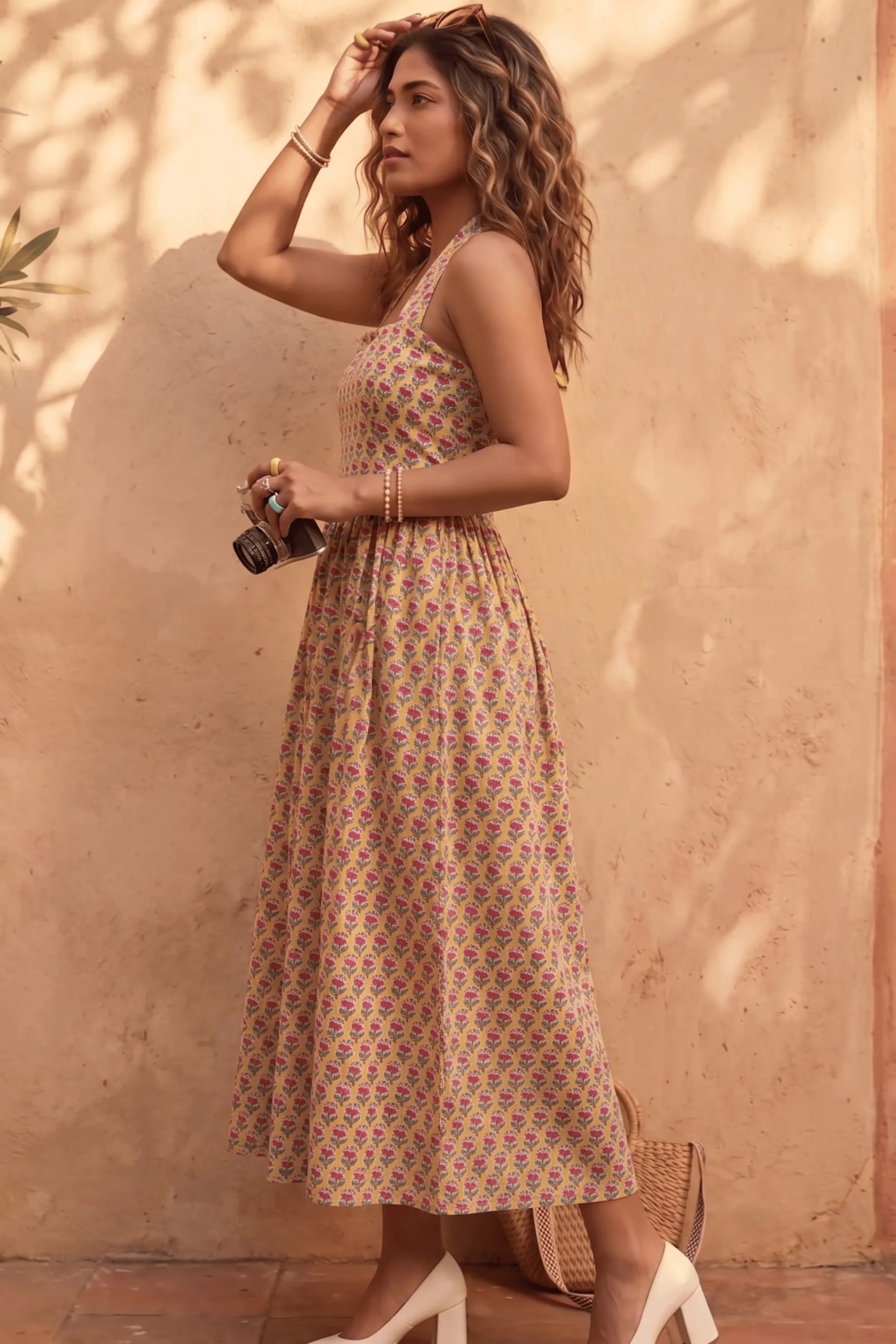 Yellow Hand-Block Print Halter Neck Midi Dress