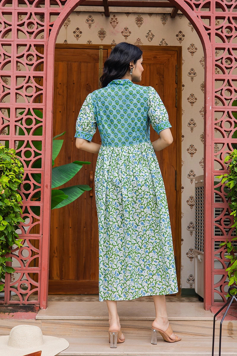 Blue Floral Printed V-Neck Gathered Detailed Cotton A-Line Midi Ethnic Dress