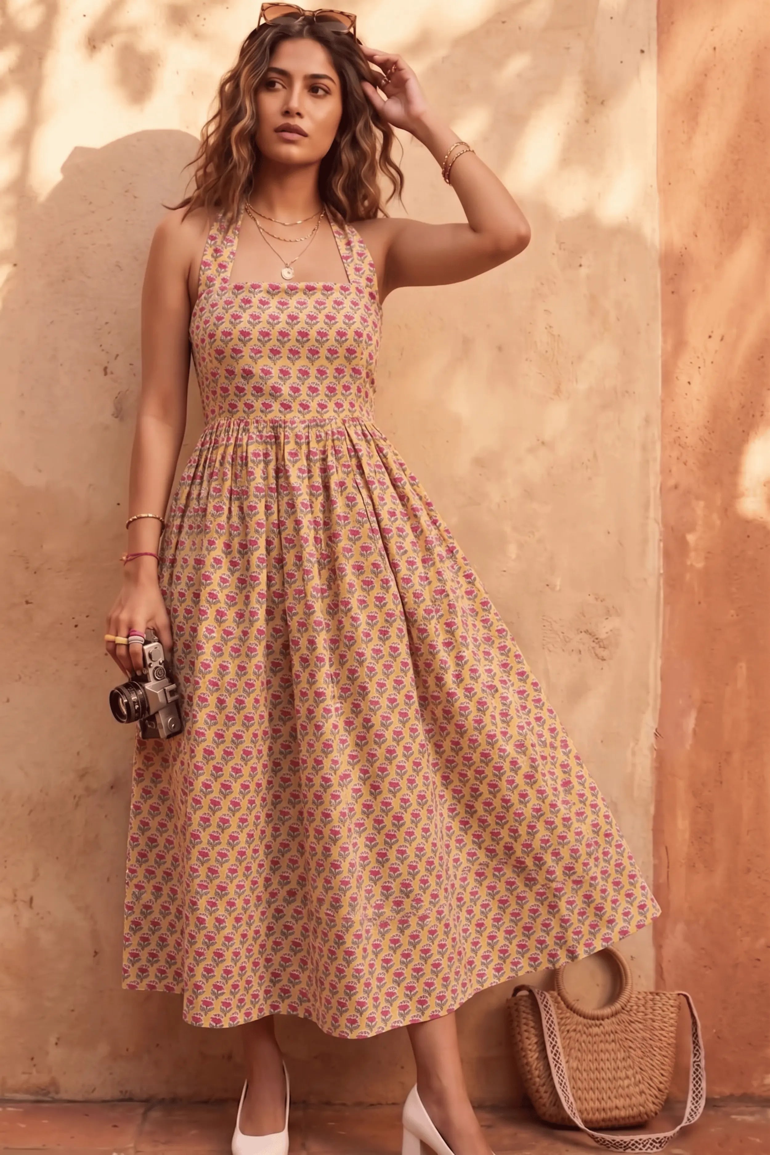 Yellow Hand-Block Print Halter Neck Midi Dress