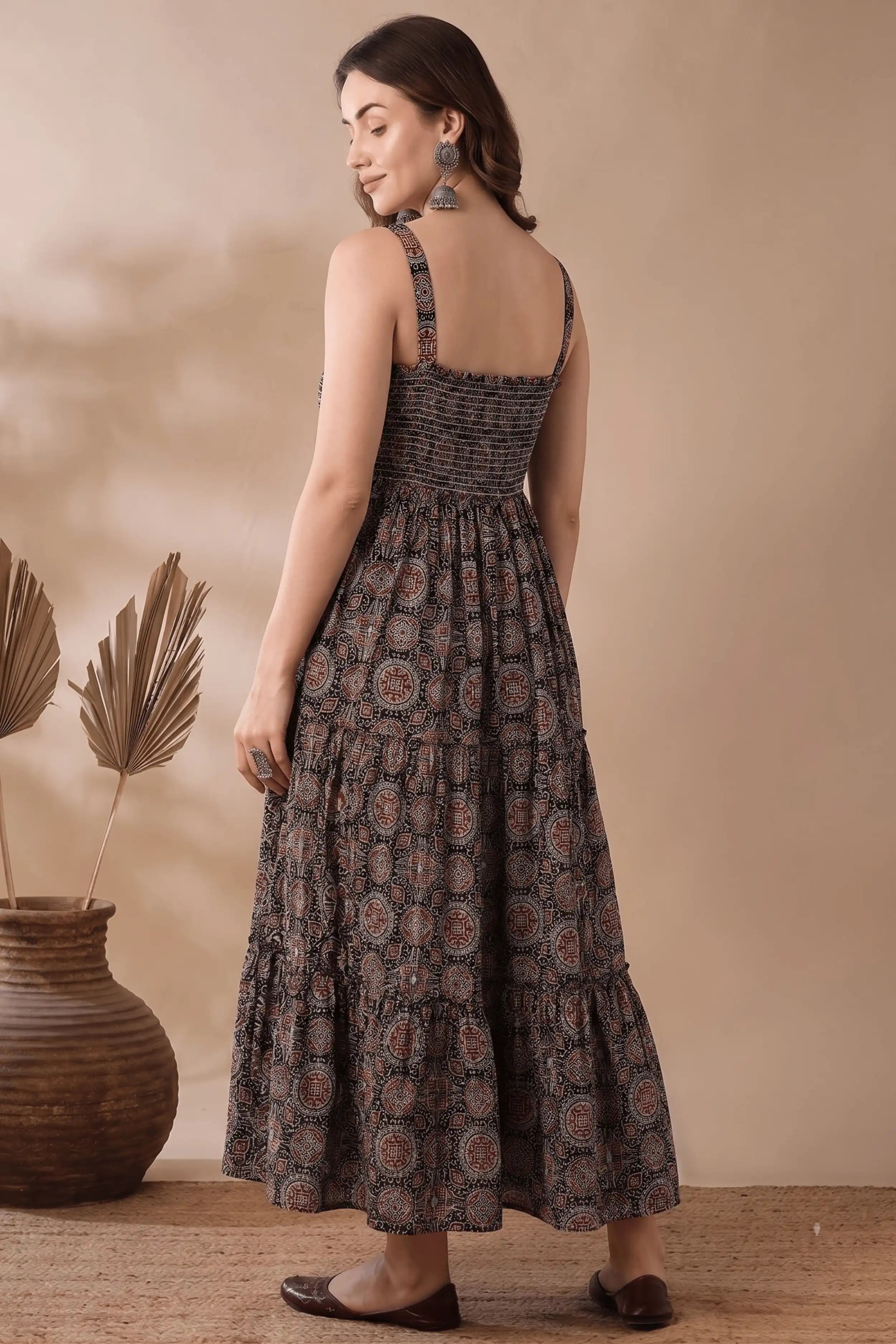 Black Printed cotton Sleeveless Flared Dress