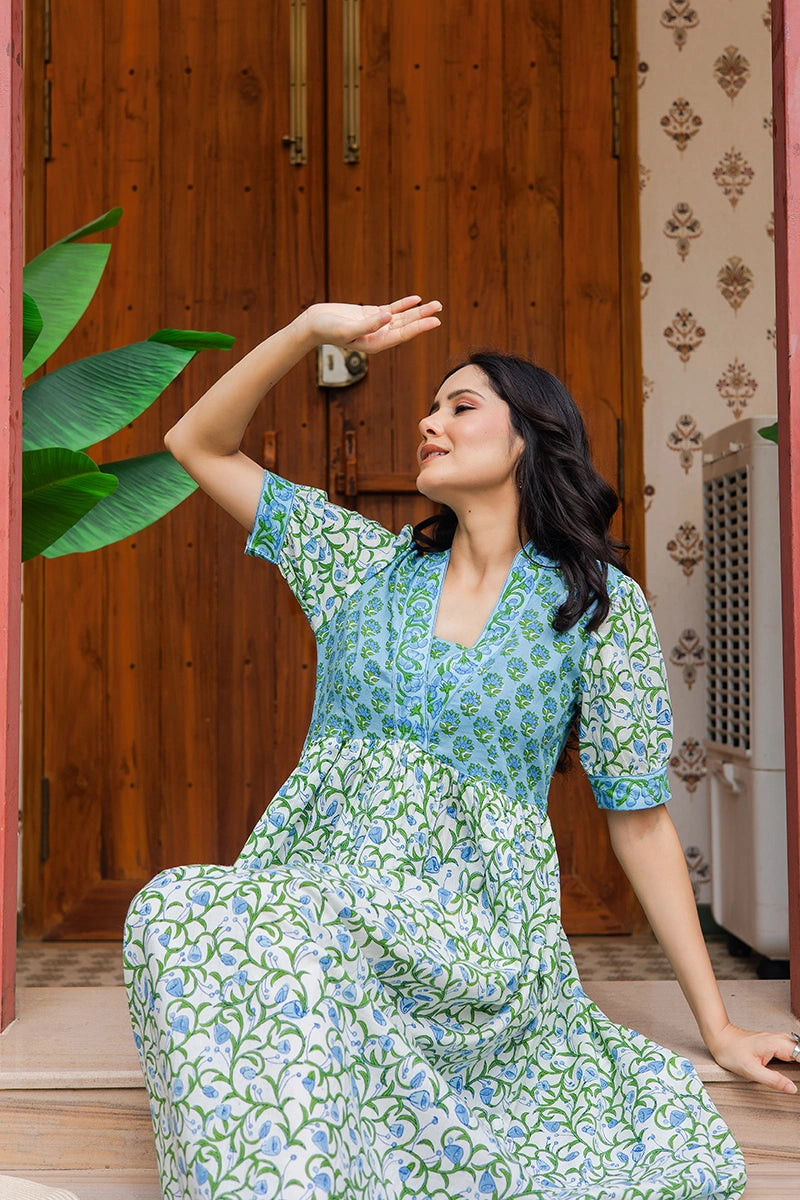 Blue Floral Printed V-Neck Gathered Detailed Cotton A-Line Midi Ethnic Dress