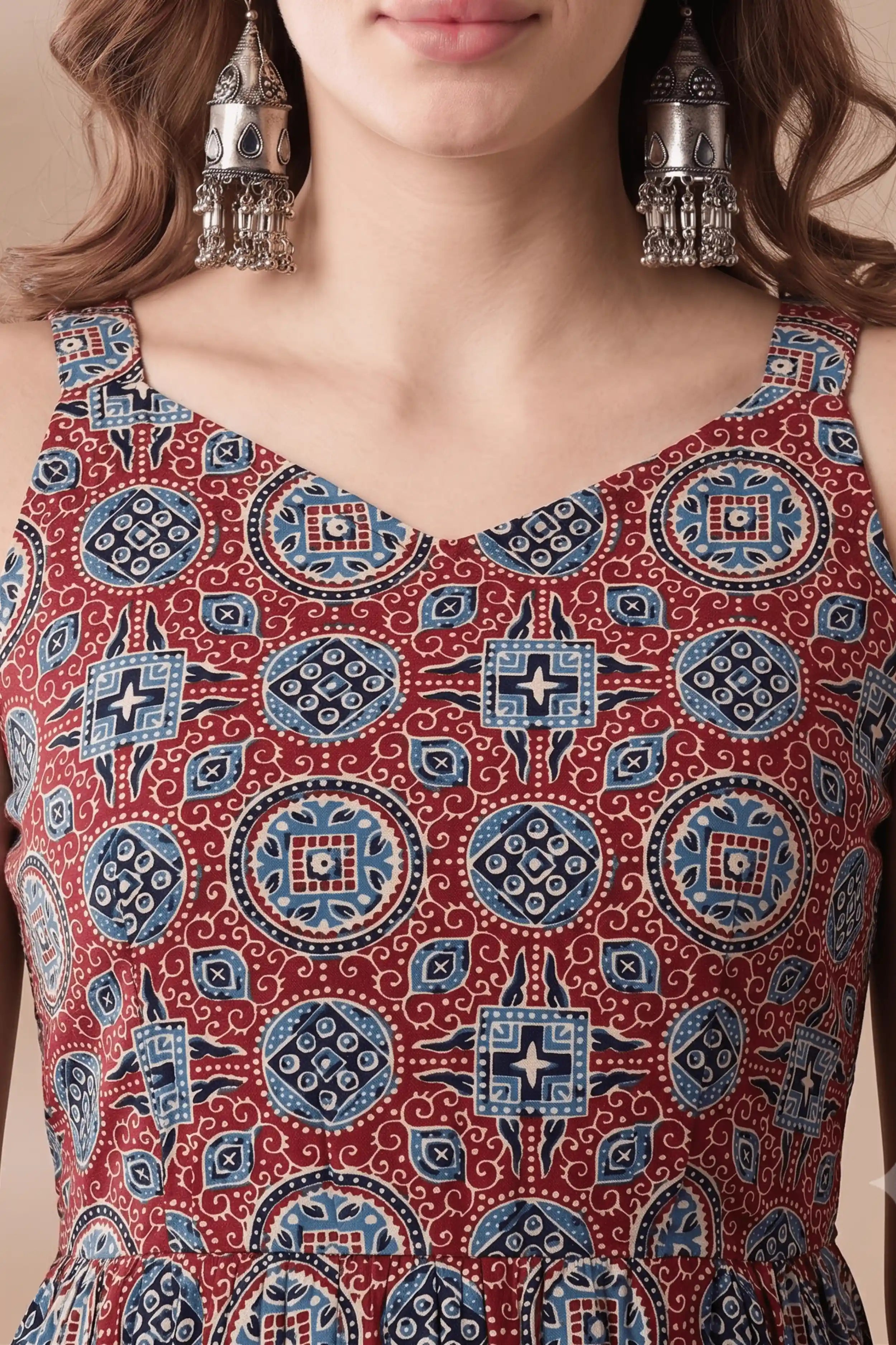 Red Printed cotton Sleeveless Flared Dress