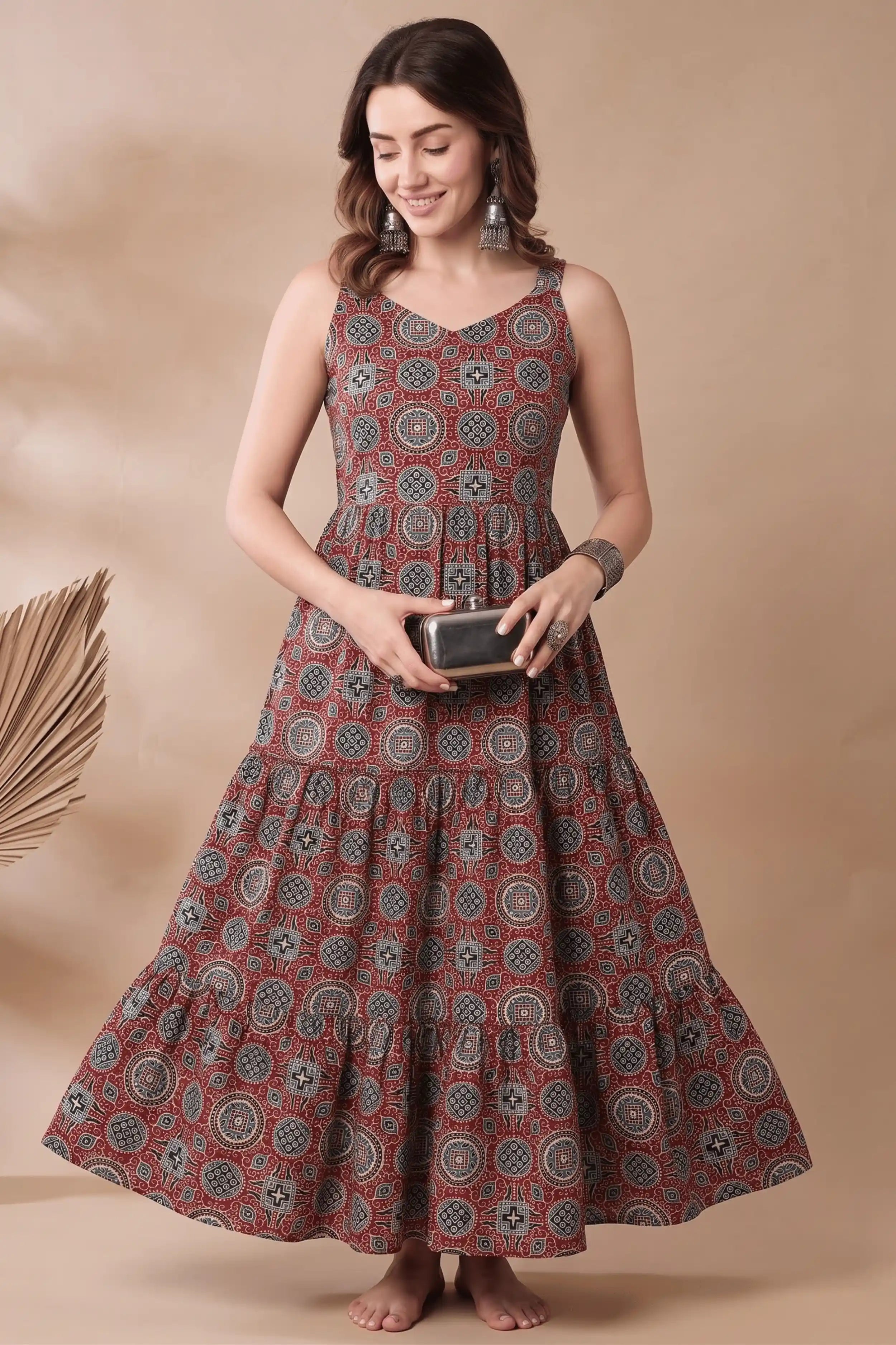 Red Printed cotton Sleeveless Flared Dress