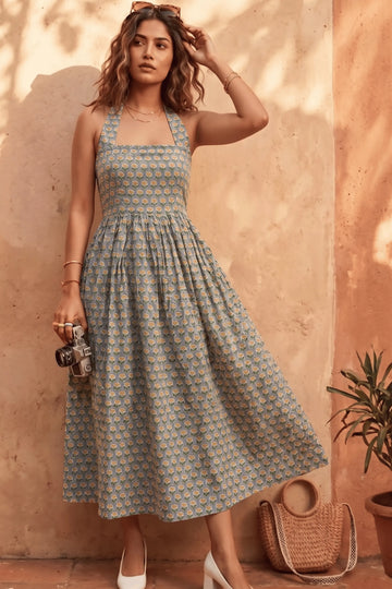 Slate Blue Hand-Block Print Halter Neck Midi Dress