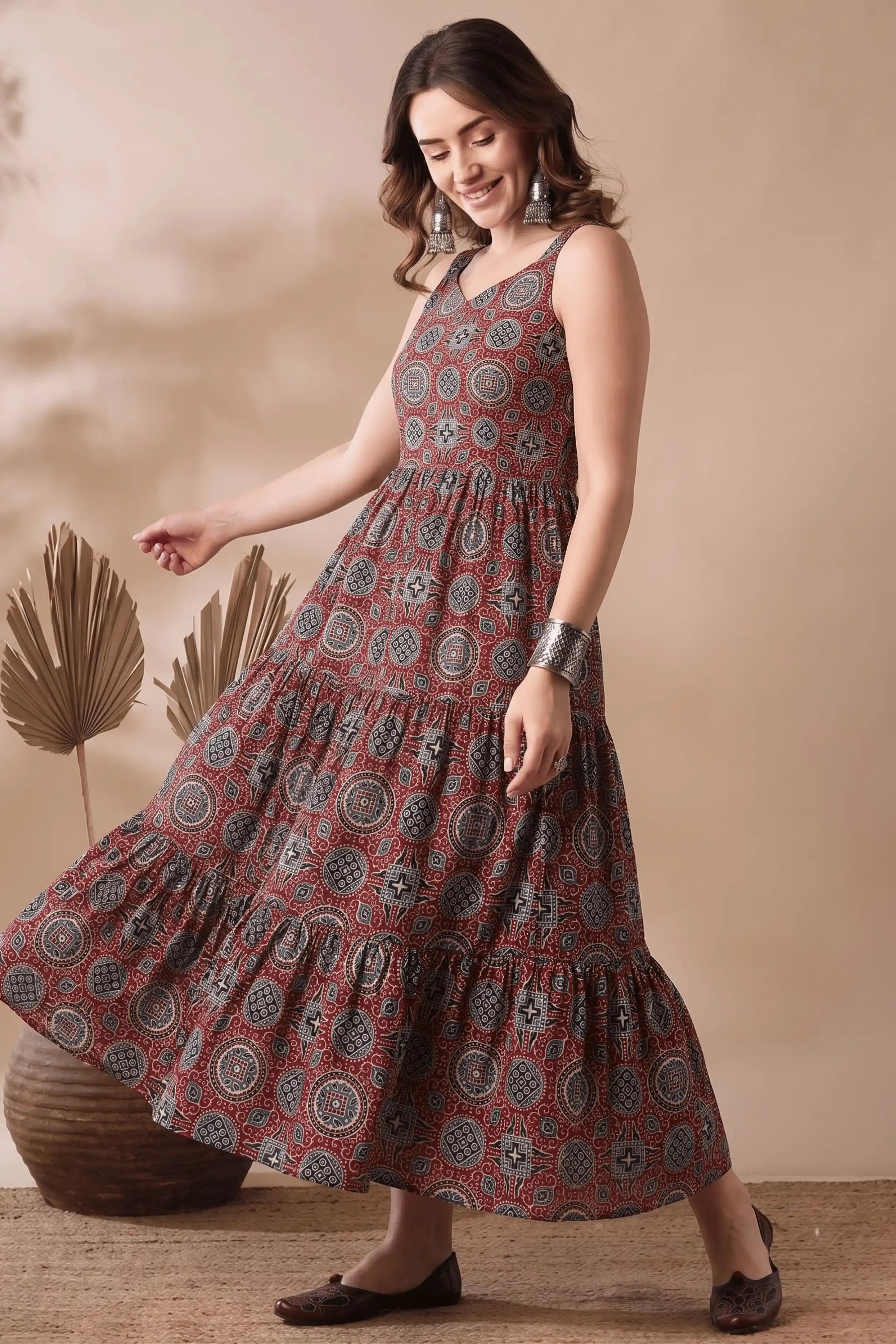 Red Printed cotton Sleeveless Flared Dress