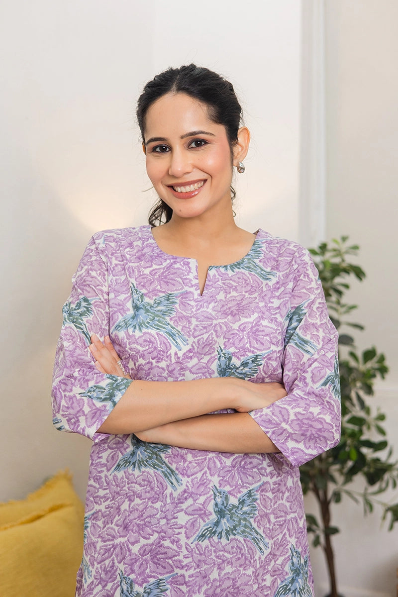 Dreamy Lavender Hand Block Bird Print Cotton Co-ord Set