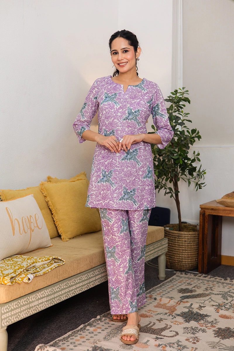 Dreamy Lavender Hand Block Bird Print Cotton Co-ord Set