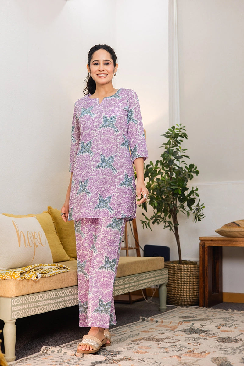 Dreamy Lavender Hand Block Bird Print Cotton Co-ord Set