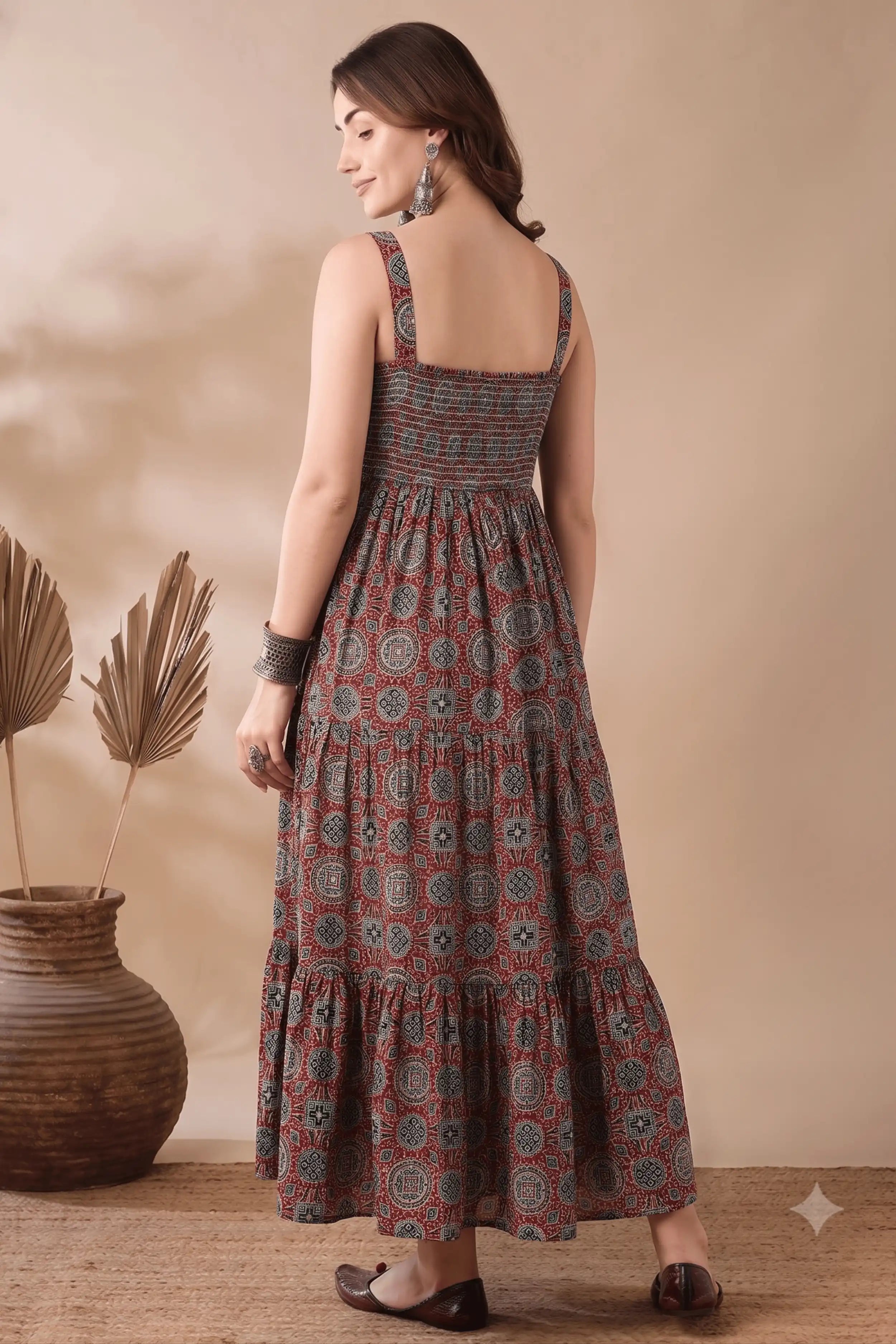 Red Printed cotton Sleeveless Flared Dress