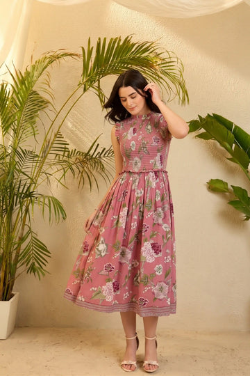 Pink Round Neck Sleeveless Gather Dress