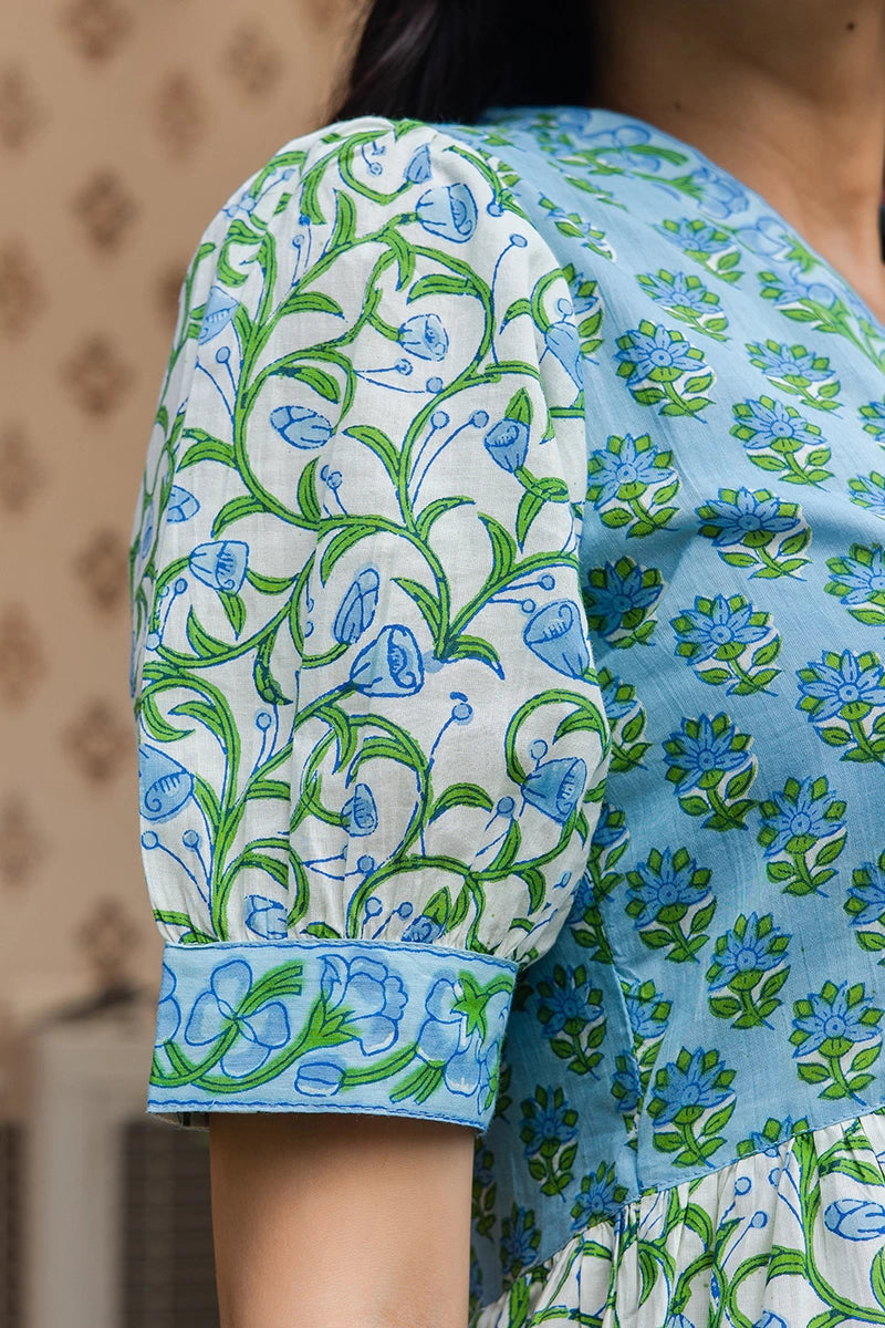 Blue Floral Printed V-Neck Gathered Detailed Cotton A-Line Midi Ethnic Dress