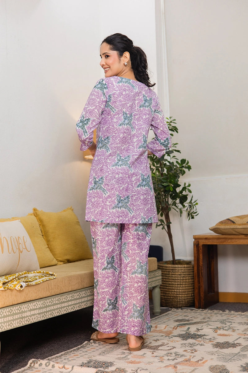 Dreamy Lavender Hand Block Bird Print Cotton Co-ord Set