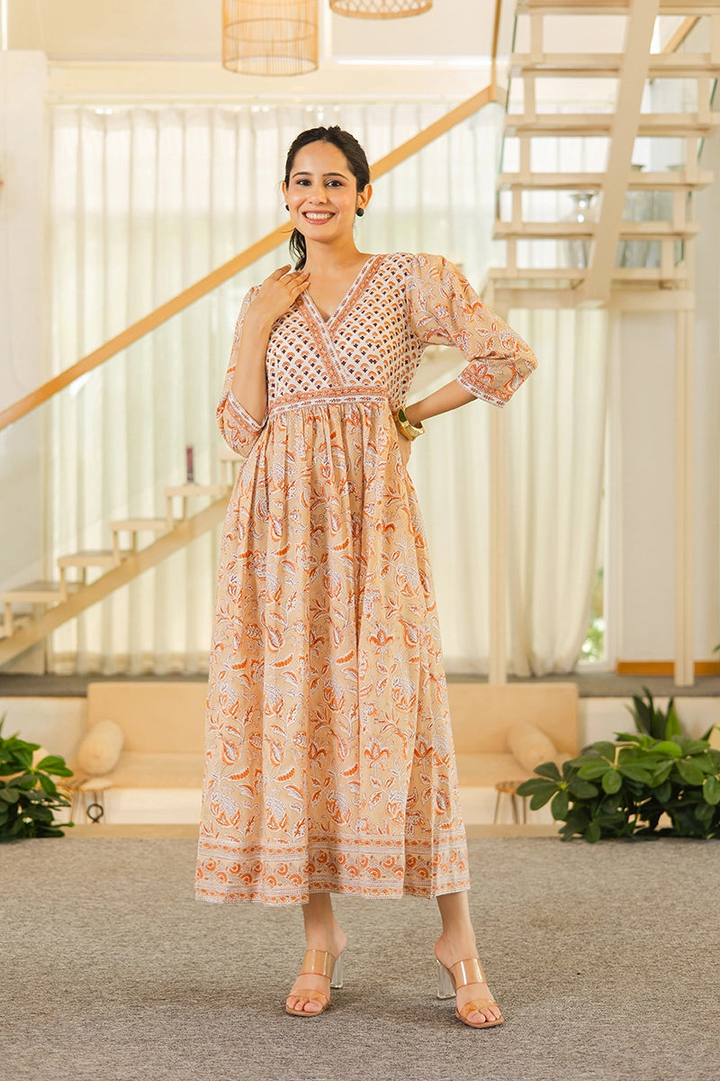 Caramel Beige Hand Block Printed Cotton Dress