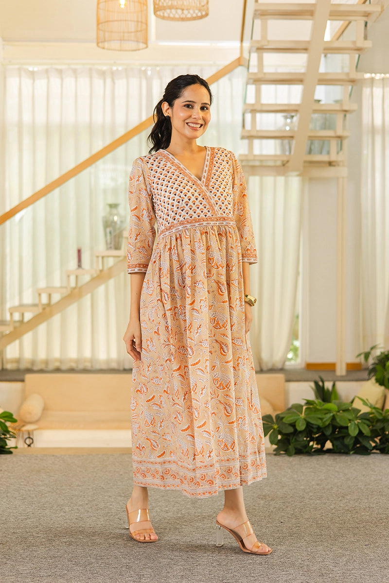 Caramel Beige Hand Block Printed Cotton Dress