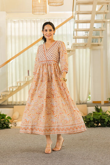 Caramel Beige Hand Block Printed Cotton Dress