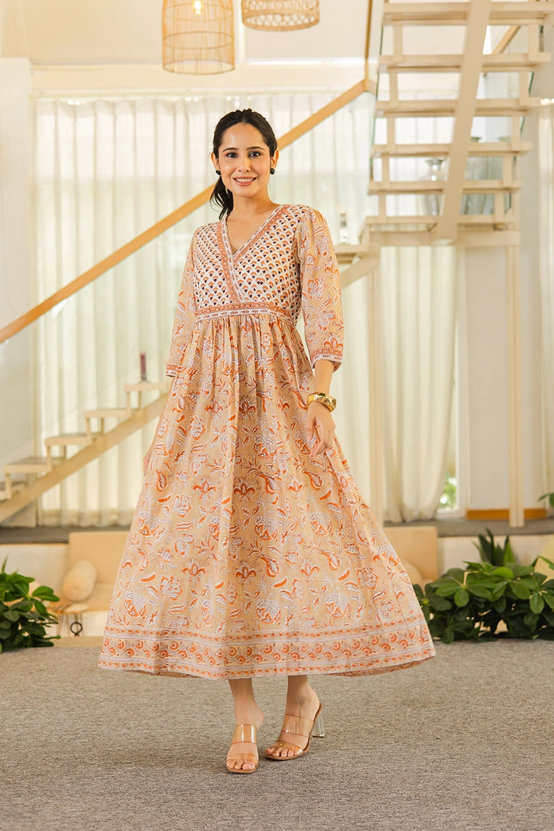 Caramel Beige Hand Block Printed Cotton Dress