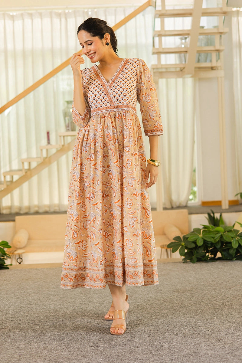 Caramel Beige Hand Block Printed Cotton Dress