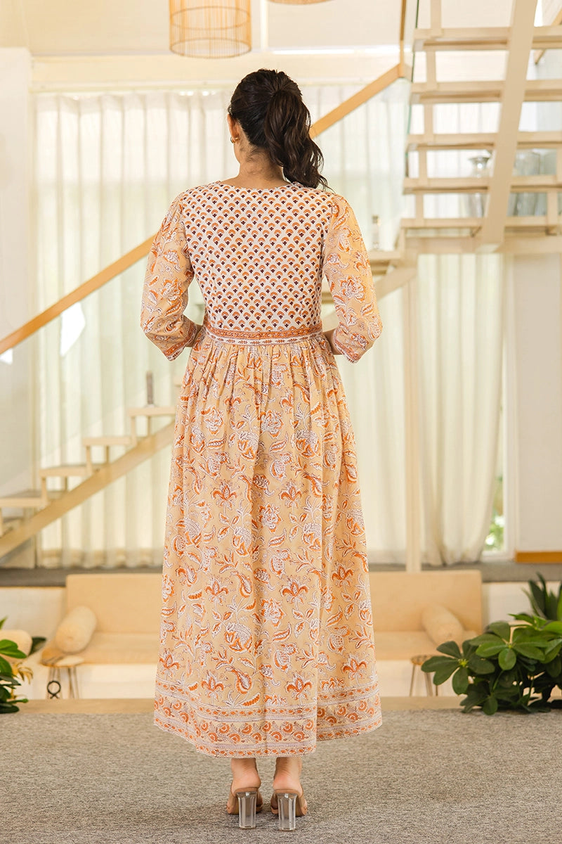 Caramel Beige Hand Block Printed Cotton Dress