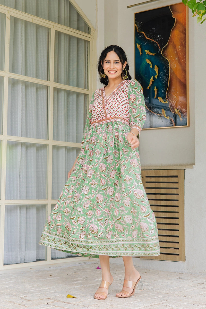 Pistachio Green Hand Block Printed Cotton Dress