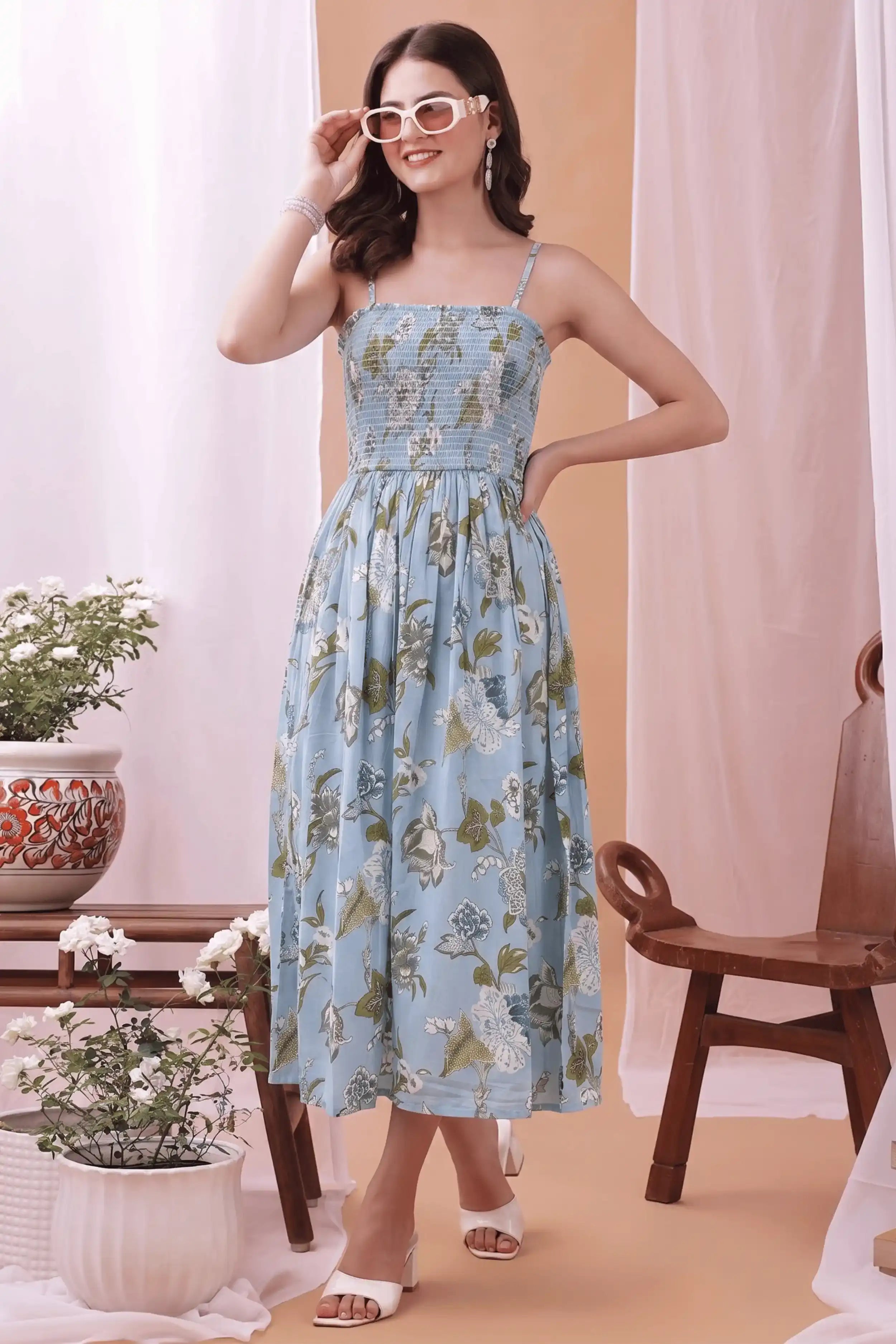 Blue Square Neck Hand Printed Spaghetti Midi Dress