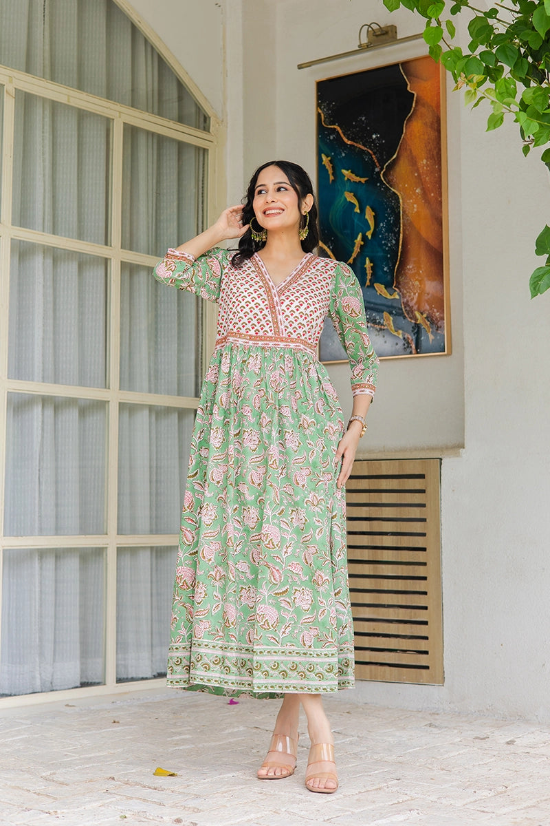 Pistachio Green Hand Block Printed Cotton Dress