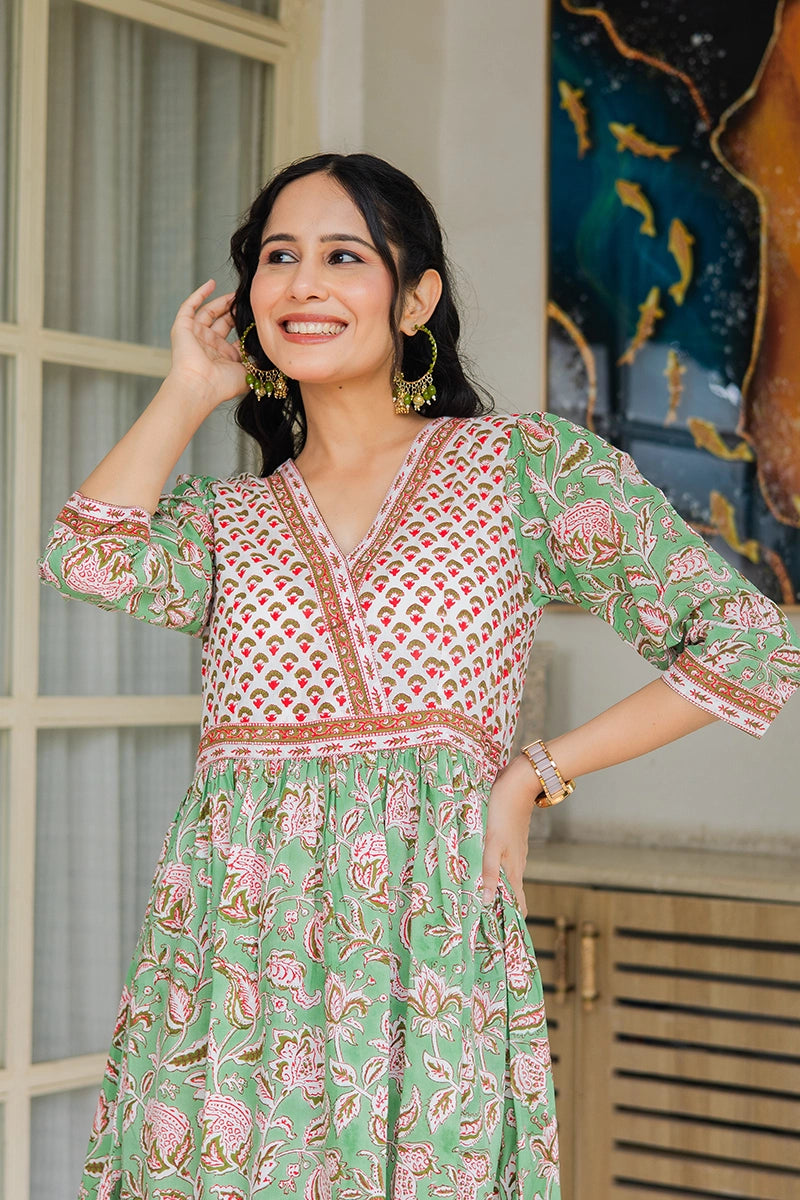 Pistachio Green Hand Block Printed Cotton Dress