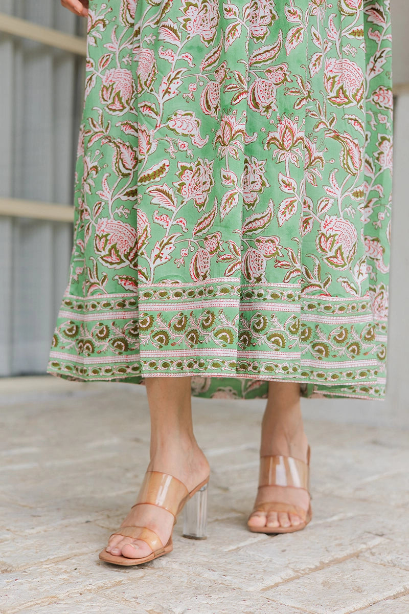 Pistachio Green Hand Block Printed Cotton Dress