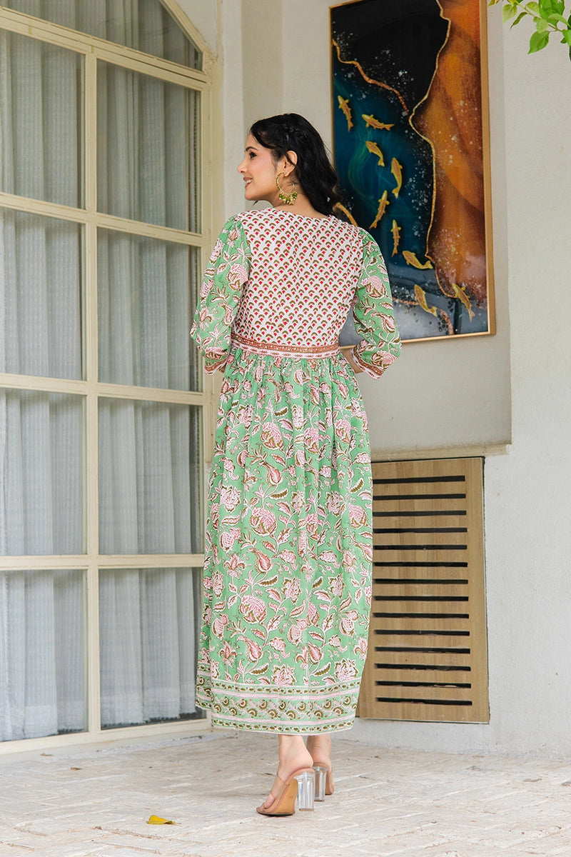 Pistachio Green Hand Block Printed Cotton Dress