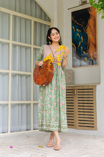 Pistachio Green Hand Block Printed Cotton Dress