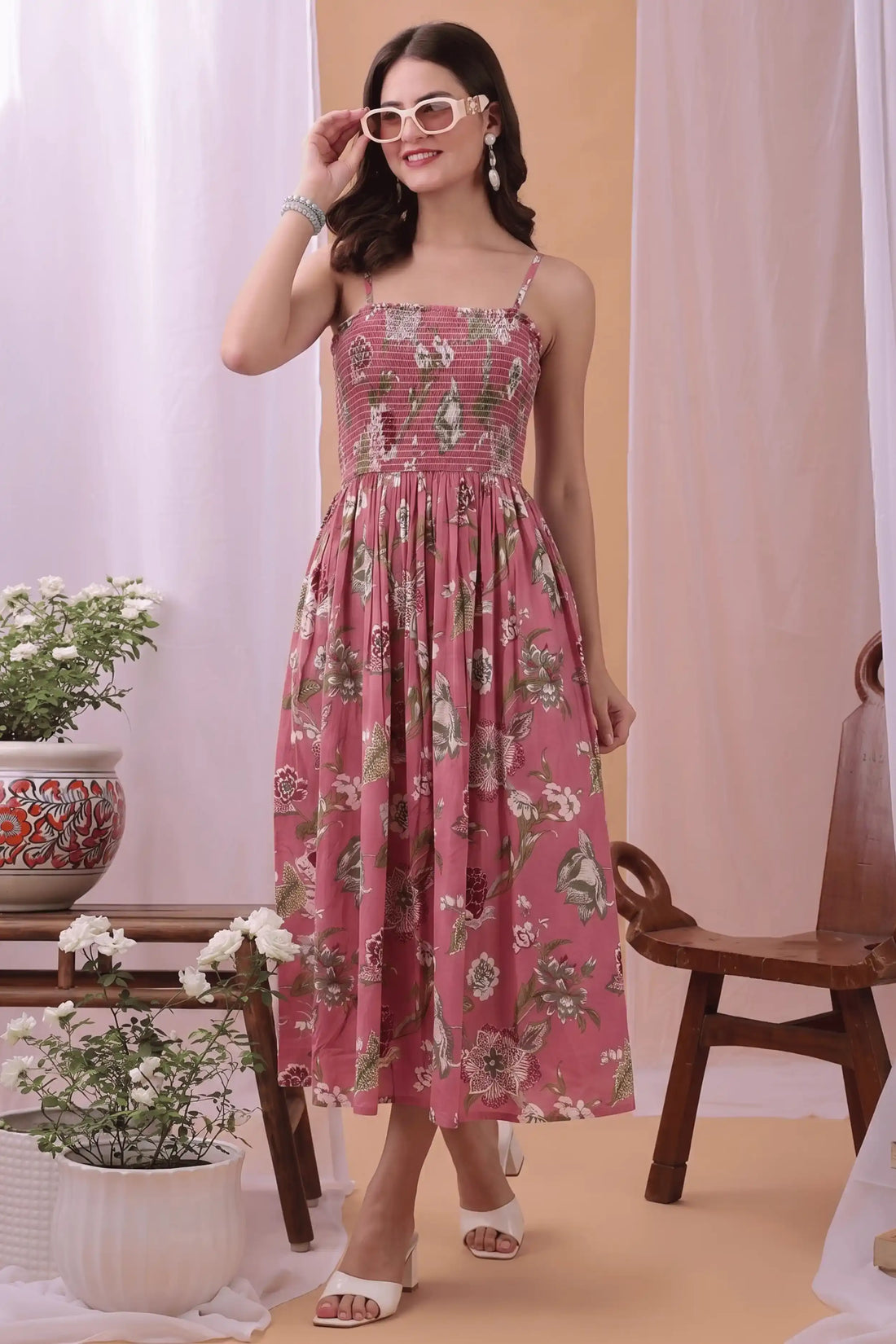 Pink Square Neck Hand Printed Spaghetti Midi Dress