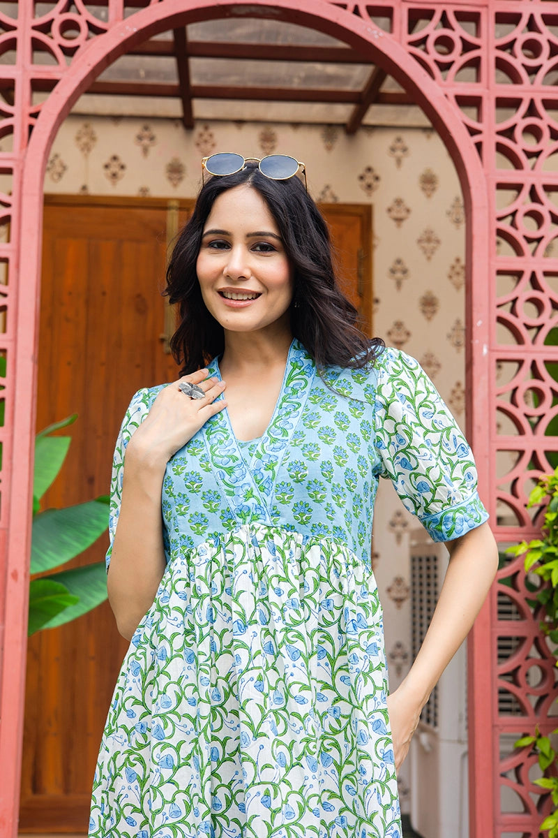 Blue Floral Printed V-Neck Gathered Detailed Cotton A-Line Midi Ethnic Dress