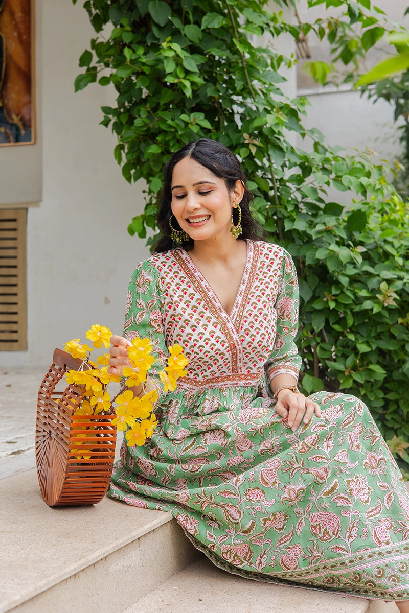 Pistachio Green Hand Block Printed Cotton Dress
