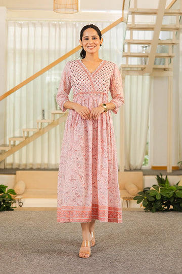 Blush Pink Hand Block Printed Long Dress