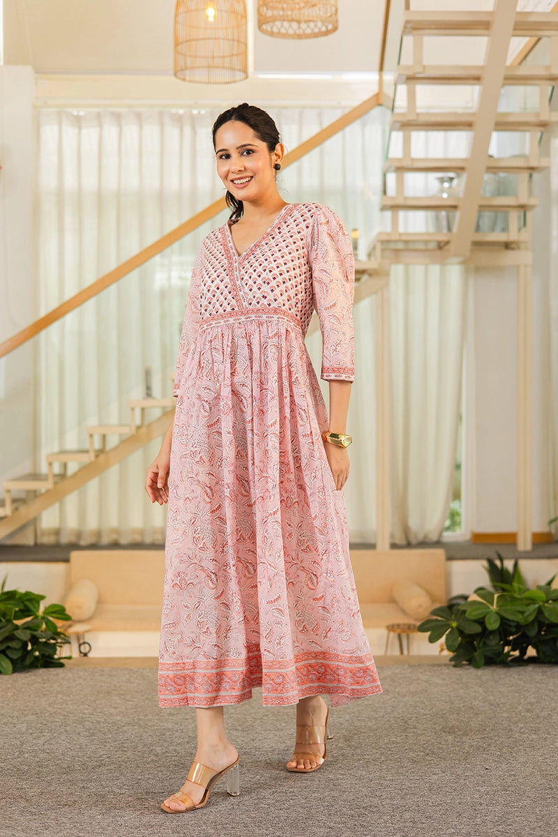 Blush Pink Hand Block Printed Long Dress