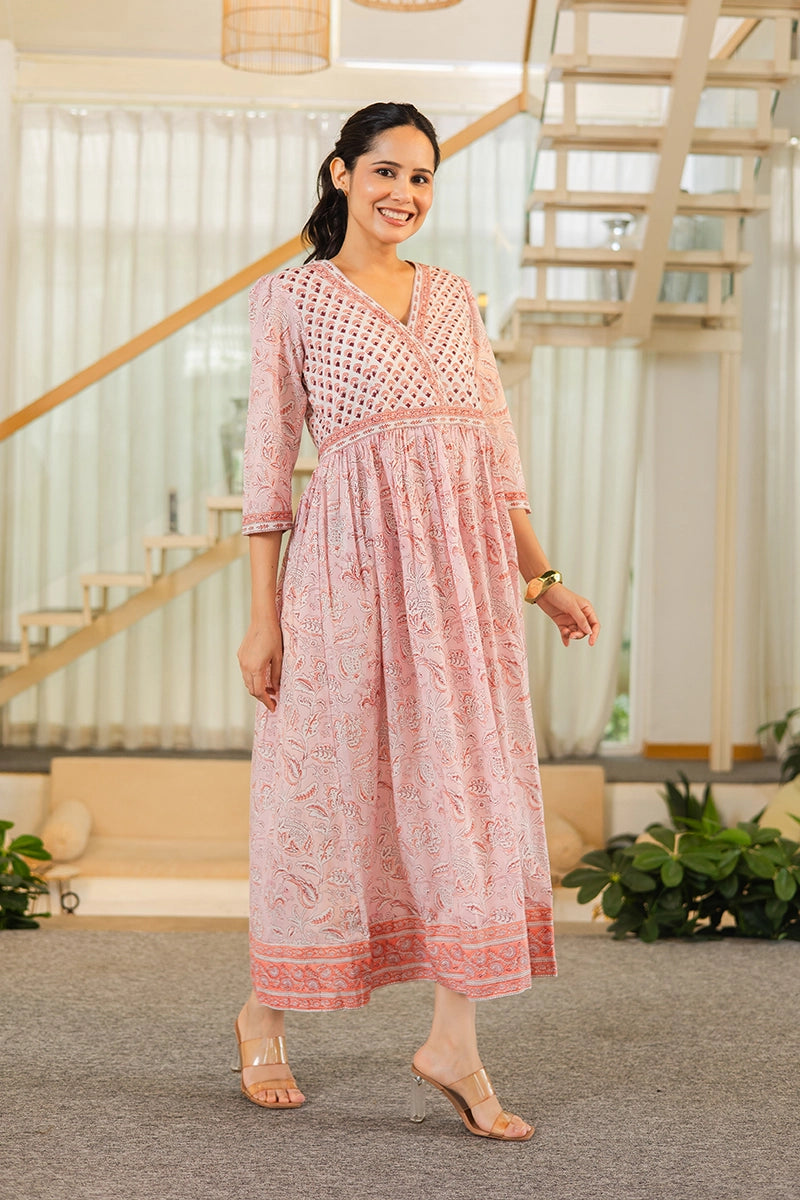 Blush Pink Hand Block Printed Long Dress