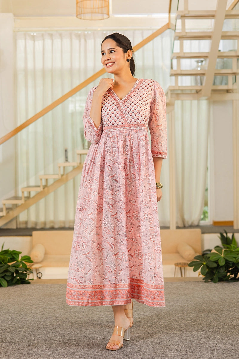 Blush Pink Hand Block Printed Long Dress