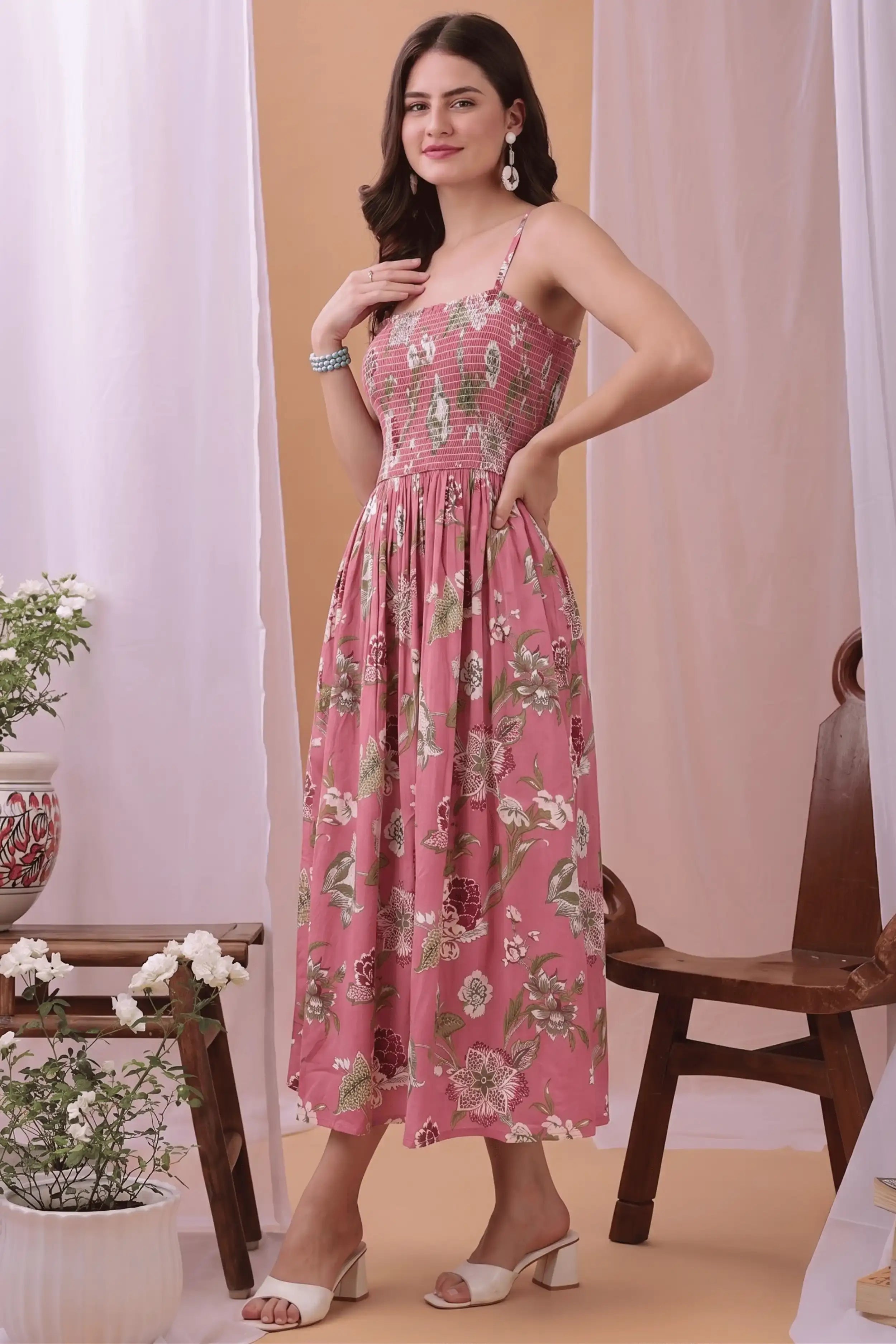 Pink Square Neck Hand Printed Spaghetti Midi Dress
