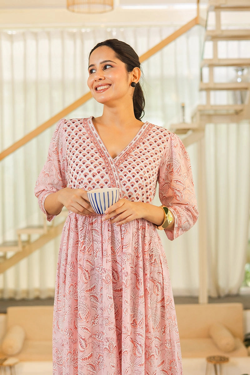 Blush Pink Hand Block Printed Long Dress
