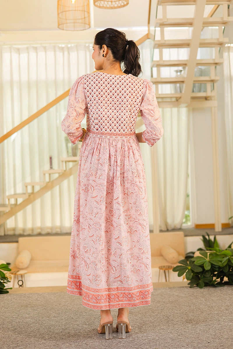 Blush Pink Hand Block Printed Long Dress