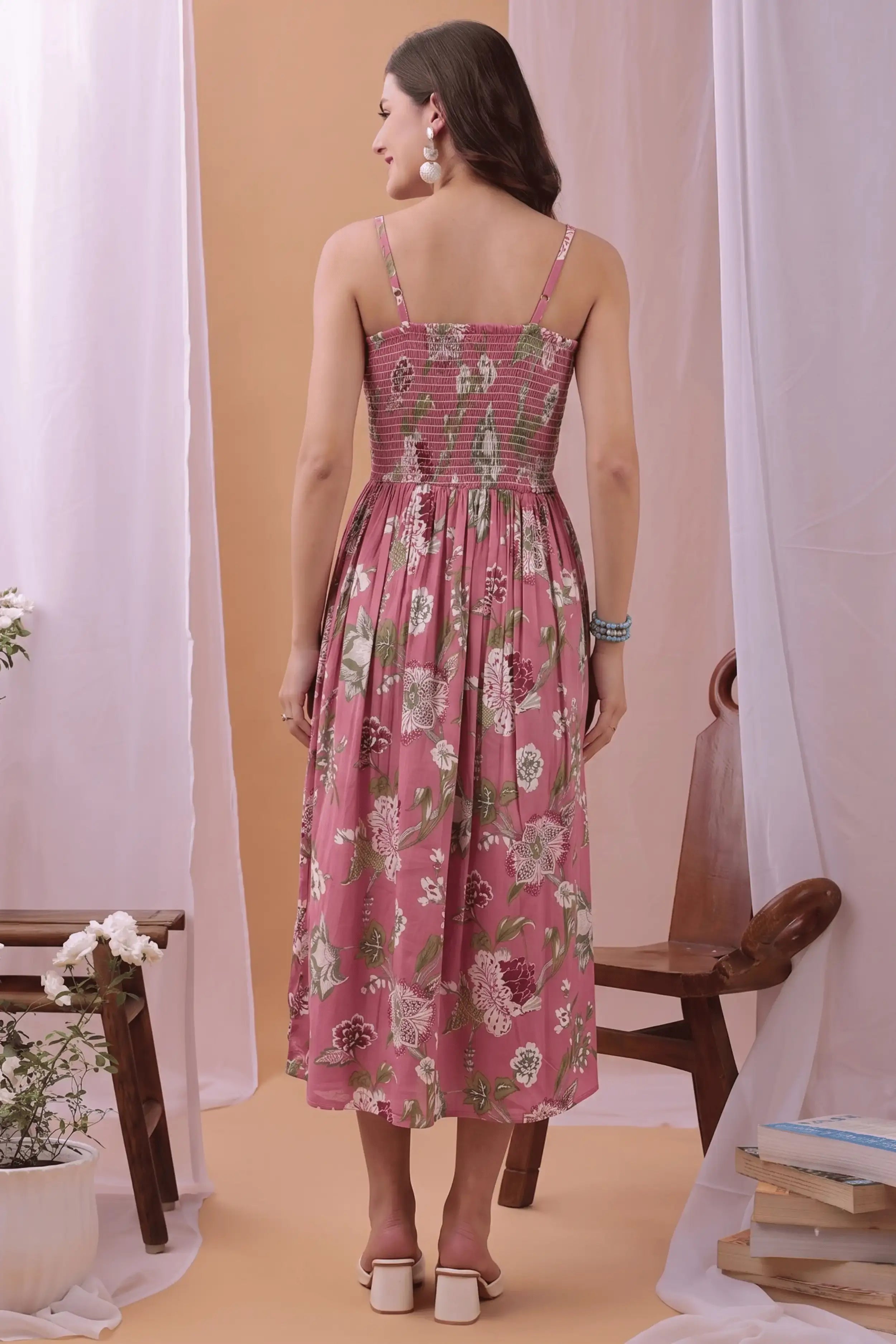 Pink Square Neck Hand Printed Spaghetti Midi Dress