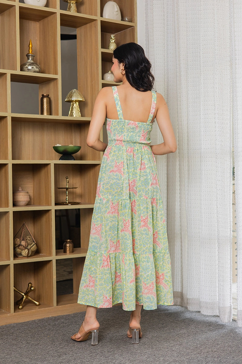 Pastel Green Sleeveless Maxi in Hand Block Bird Print