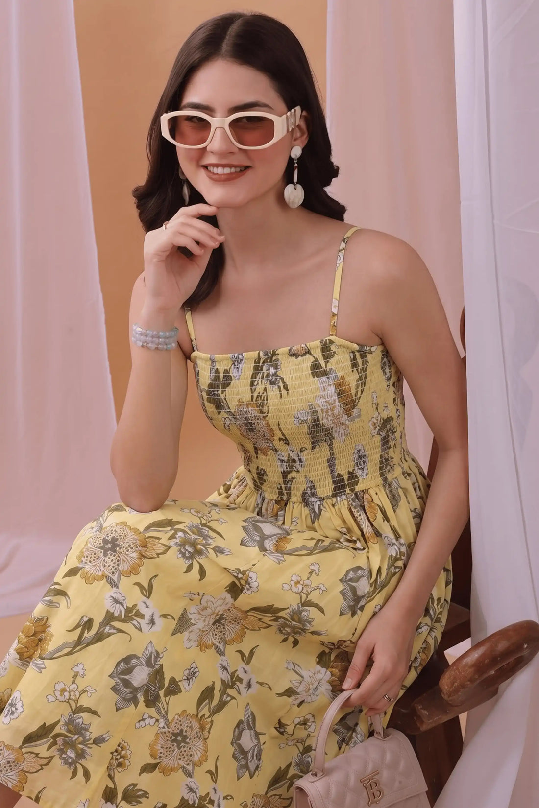 Yellow Square Neck Hand Printed Spaghetti Midi Dress